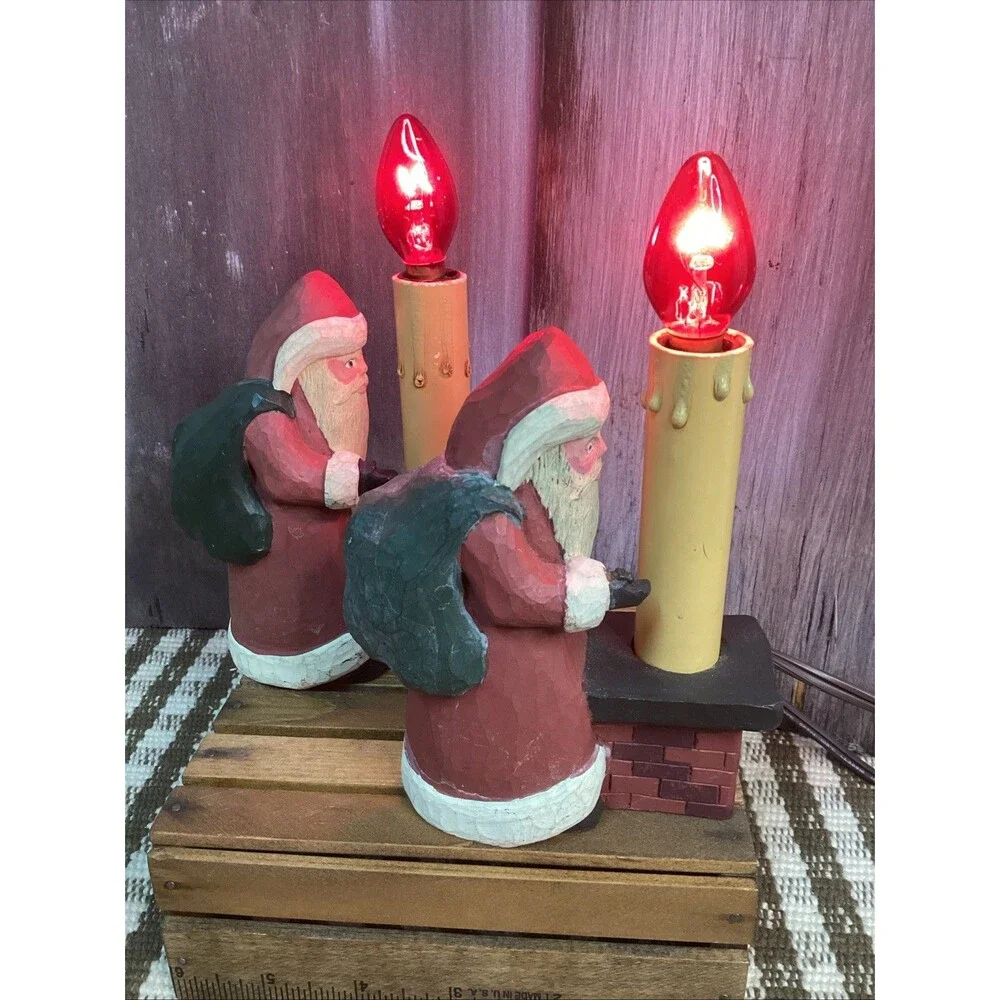 Country Santa & Chimney Christmas Candlesticks Accent Lamp Night Light Set